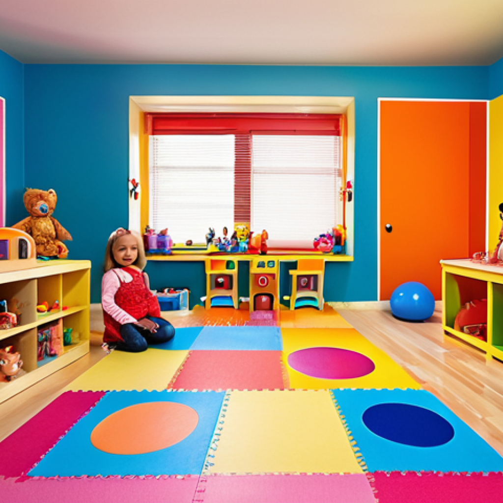 A brightly colored playroom designed for children, featuring various toys and dolls.
