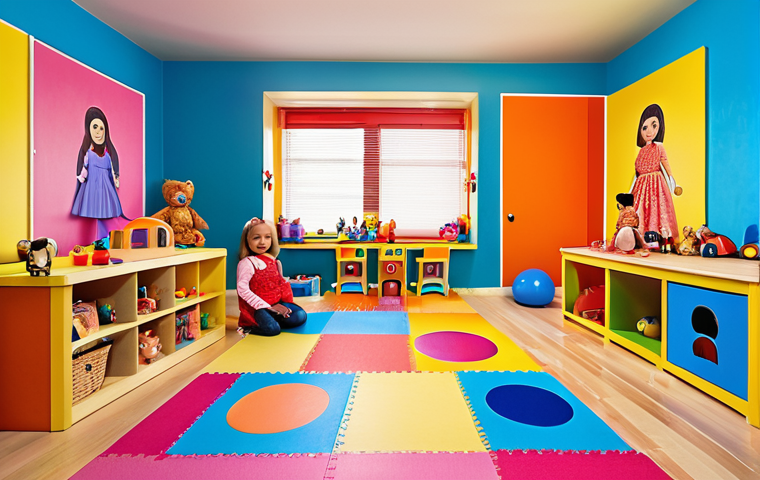 A brightly colored playroom designed for children, featuring various toys and dolls.