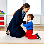 **

"A professional female play therapist in a bright, child-friendly office, fully clothed in modest professional attire, kneeling beside a young child playing with toys, safe for work, appropriate content, perfect anatomy, correct proportions, well-formed hands, natural pose, family-friendly environment, professional."

**