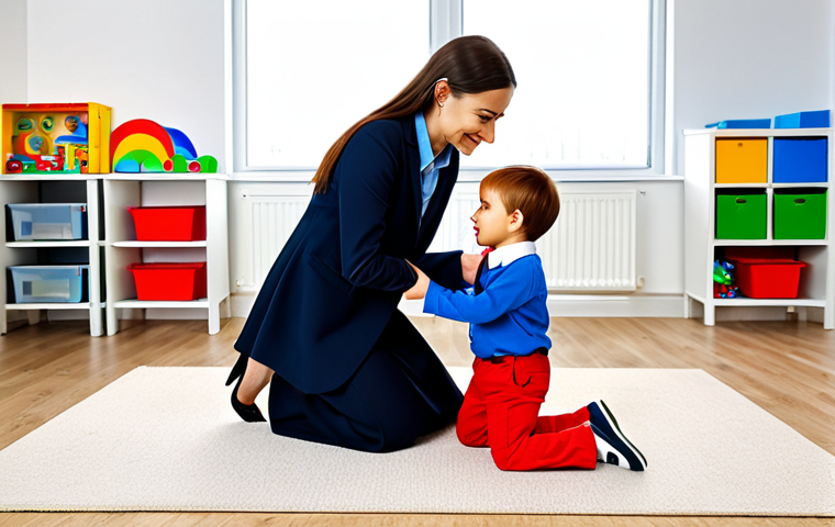**

"A professional female play therapist in a bright, child-friendly office, fully clothed in modest professional attire, kneeling beside a young child playing with toys, safe for work, appropriate content, perfect anatomy, correct proportions, well-formed hands, natural pose, family-friendly environment, professional."

**
