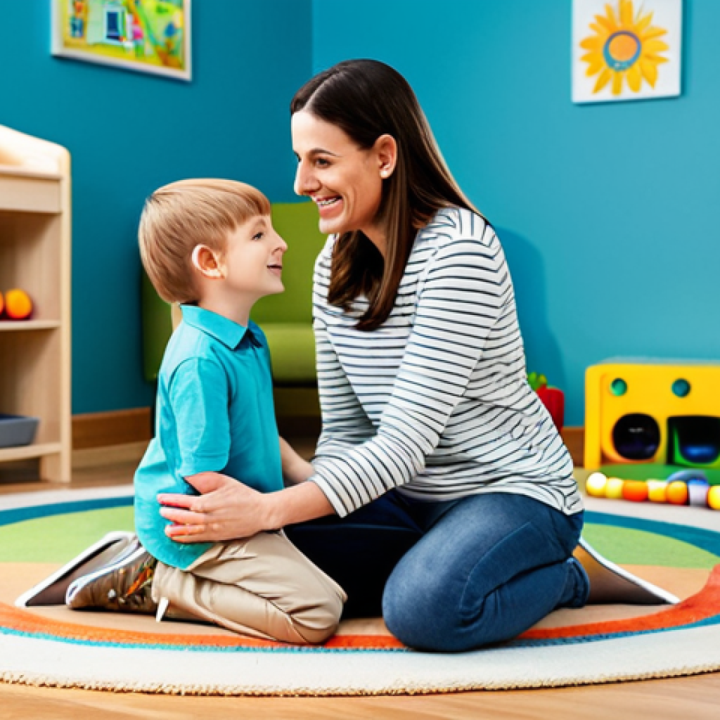 **Prompt:** A caring mother actively participating in her child's play therapy session, fully clothed in modest attire, in a bright and cheerful playroom. The therapist is engaged in a conversation with the mother, discussing the child's progress. safe for work, appropriate content, perfect anatomy, natural proportions, family-friendly, professional setting.
