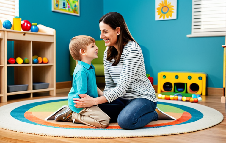 **Prompt:** A caring mother actively participating in her child's play therapy session, fully clothed in modest attire, in a bright and cheerful playroom. The therapist is engaged in a conversation with the mother, discussing the child's progress. safe for work, appropriate content, perfect anatomy, natural proportions, family-friendly, professional setting.